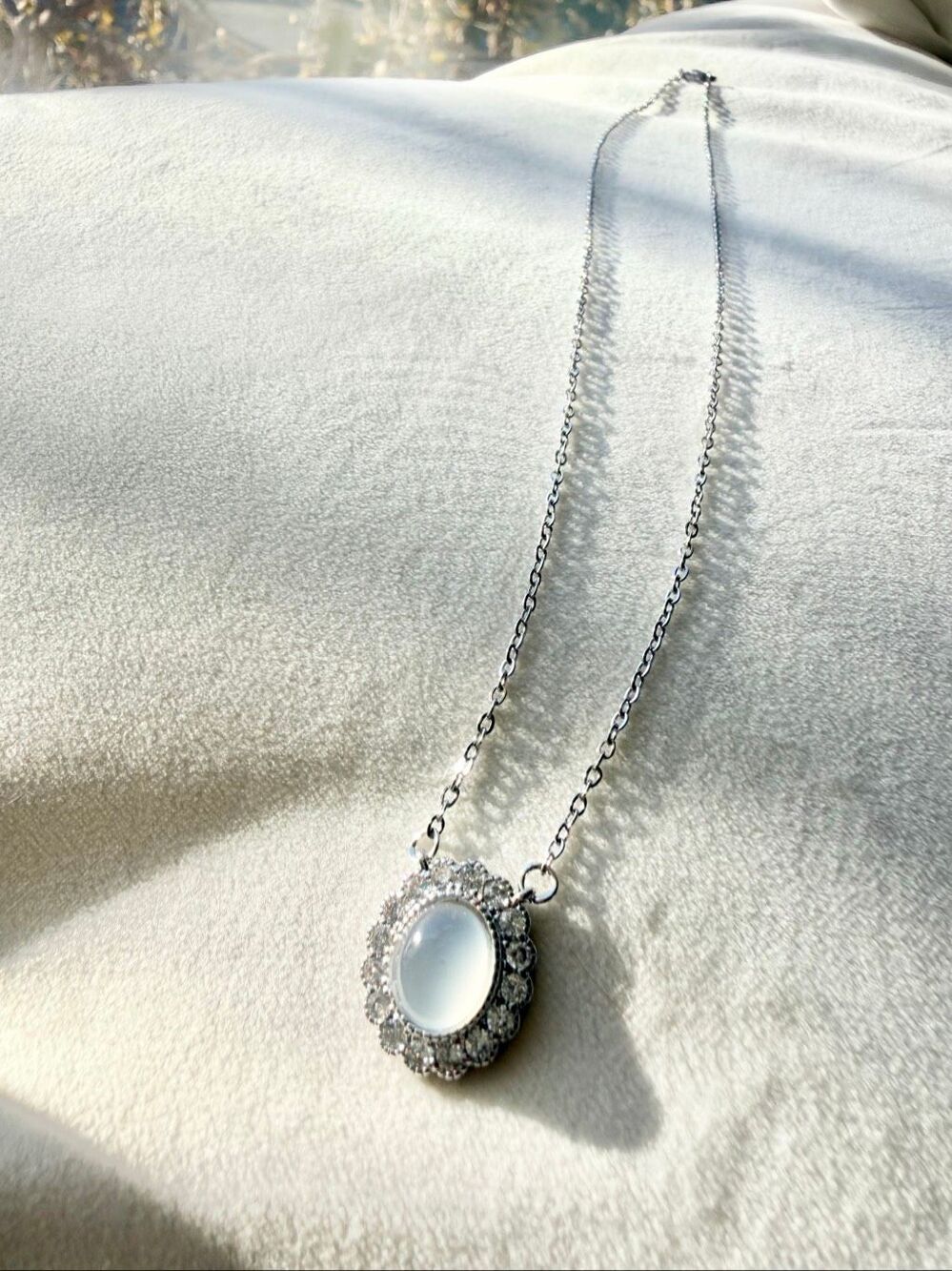 Faux Moonstone Pendant Necklace Silver Tone Crystal Halo Vintage Style